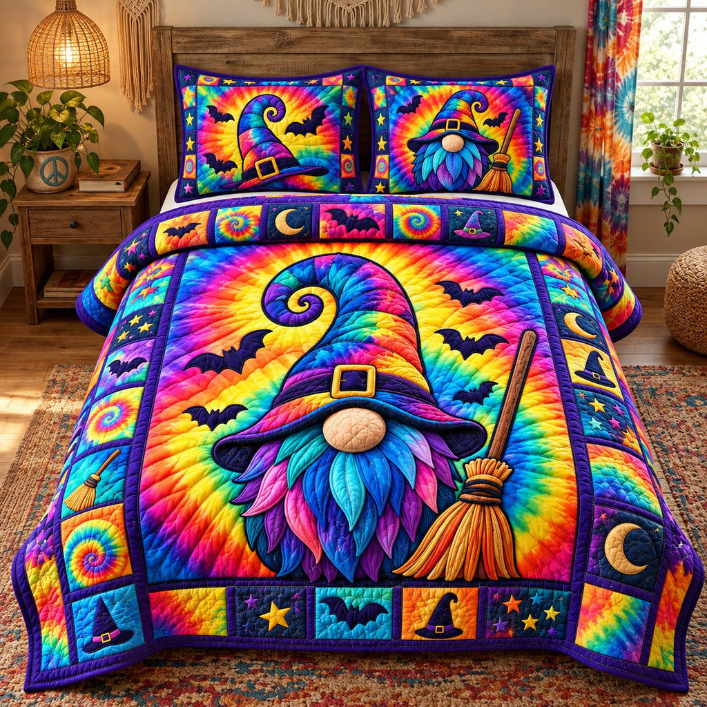 Rainbow Witch Gnome quilted 3-piece bedding set on a made bed against a dark styled interior