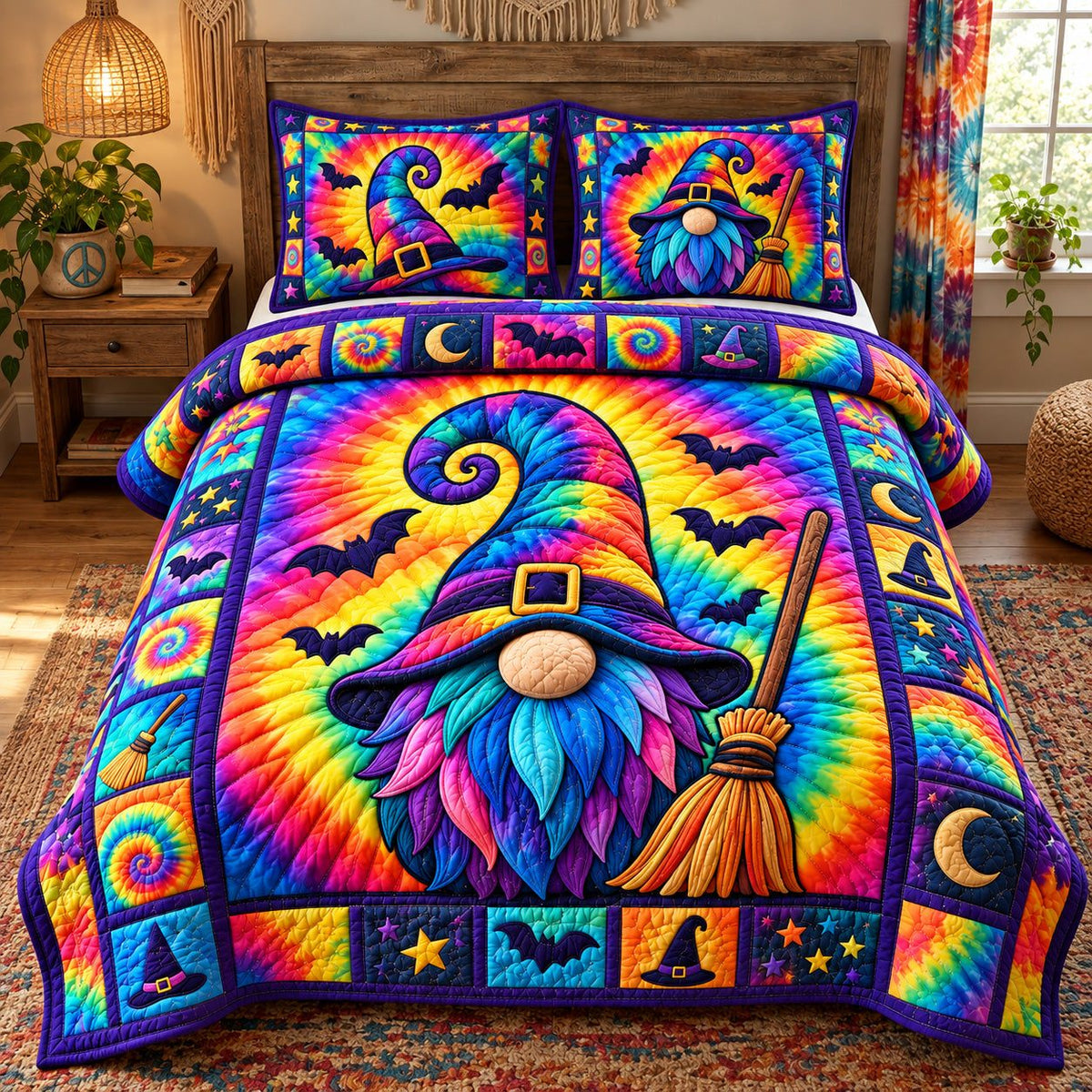 Rainbow Witch Gnome quilted 3-piece bedding set on a made bed against a dark styled interior