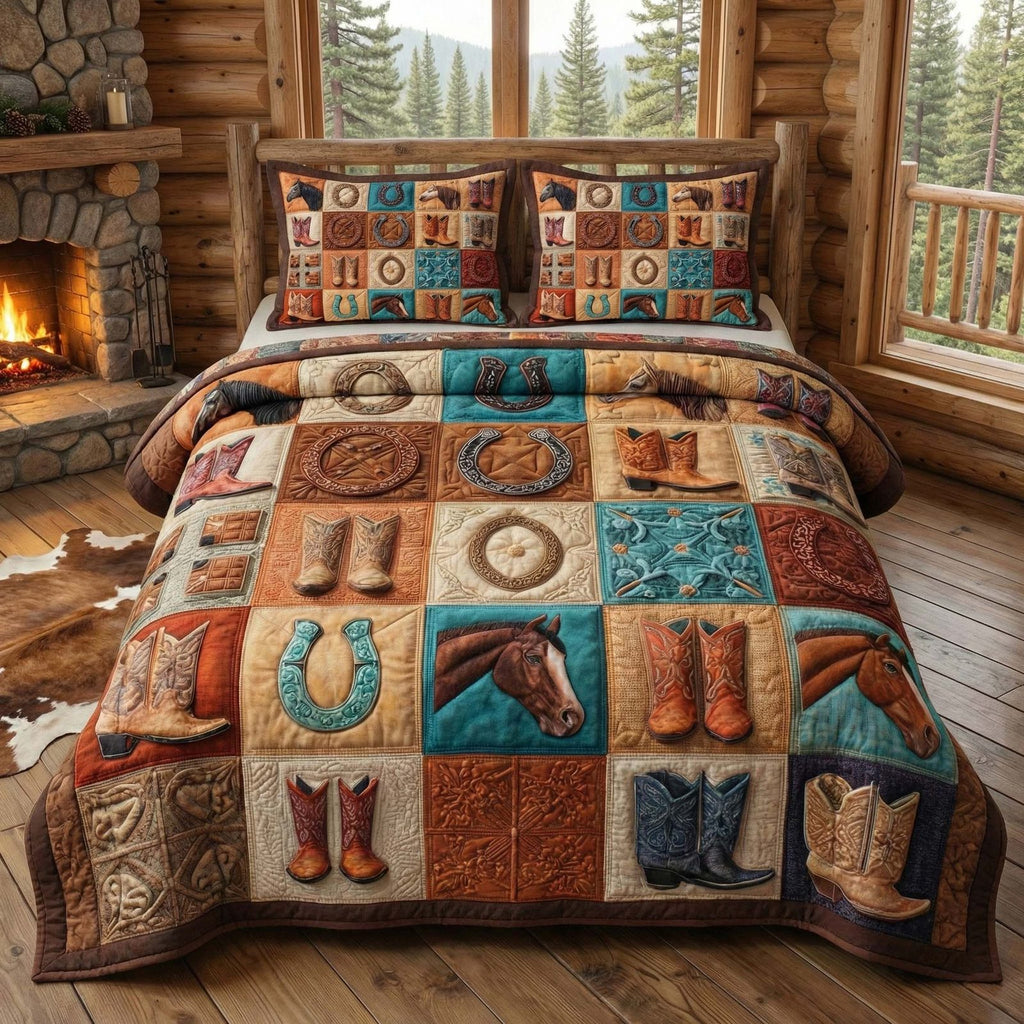 Ranch Icons quilted 3-piece bedding set on a made bed in a rustic timber bedroom