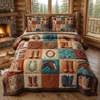 Ranch Icons quilted 3-piece bedding set on a made bed in a rustic timber bedroom