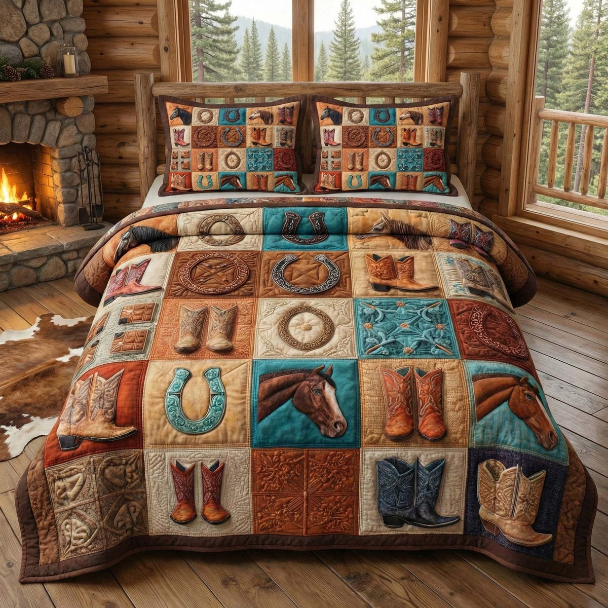 Ranch Icons quilted 3-piece bedding set on a made bed in a rustic timber bedroom