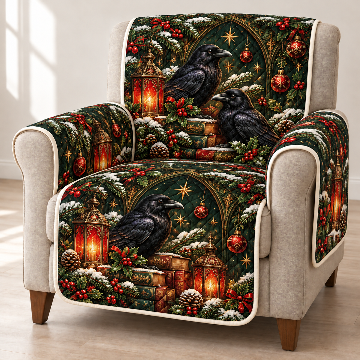 Raven Garnet Lantern Library printed Christmas quilted sofa cover; design mockup showing a flat printed depth effect.