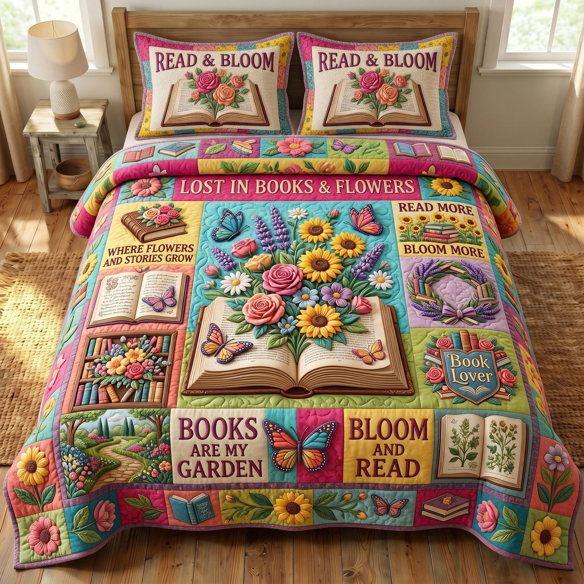 Read And Bloom Books quilted 3-piece bedding set on a made bed with two matching pillow shams