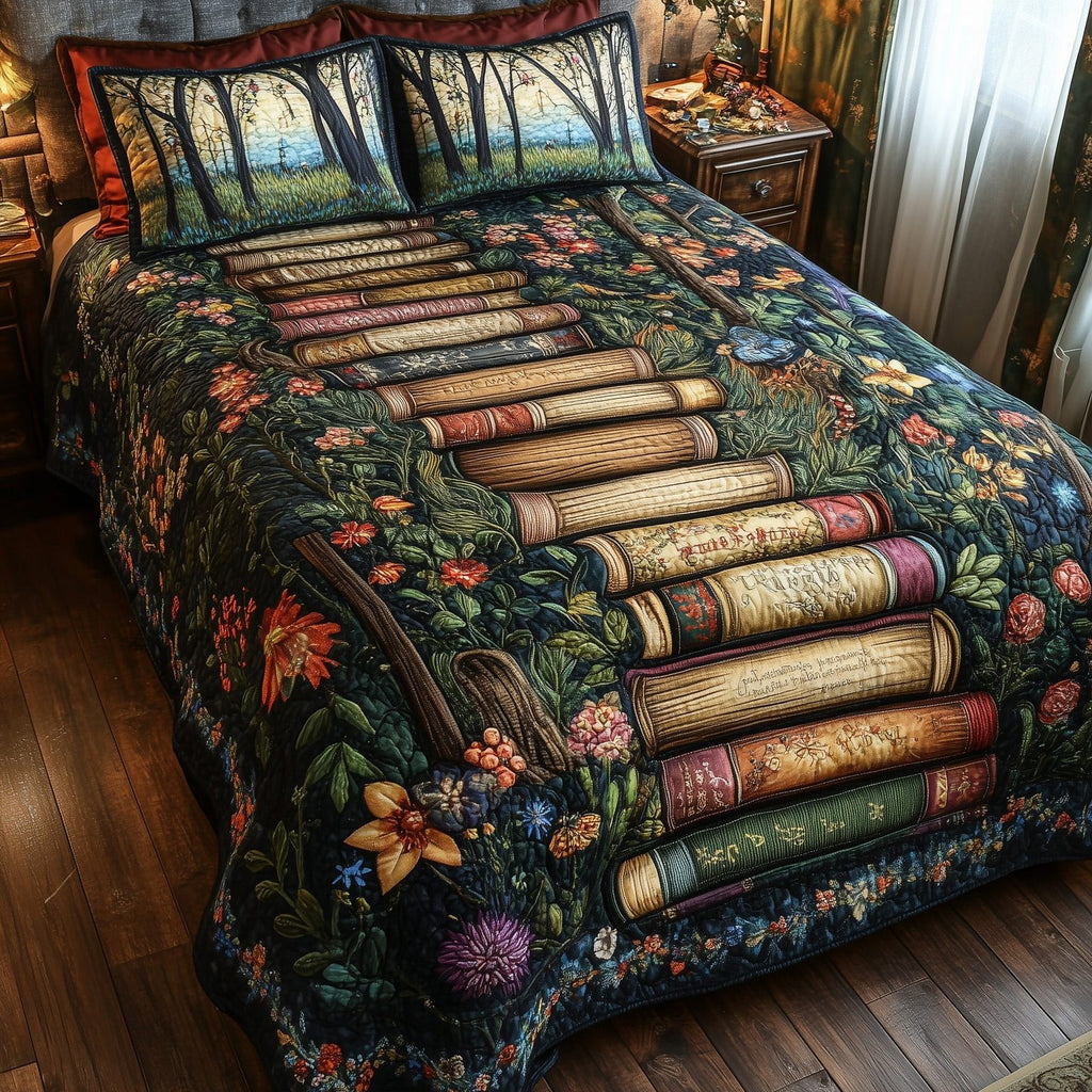 Readers Hideaway Path quilted 3-piece bedding set on a made bed with two matching pillow shams