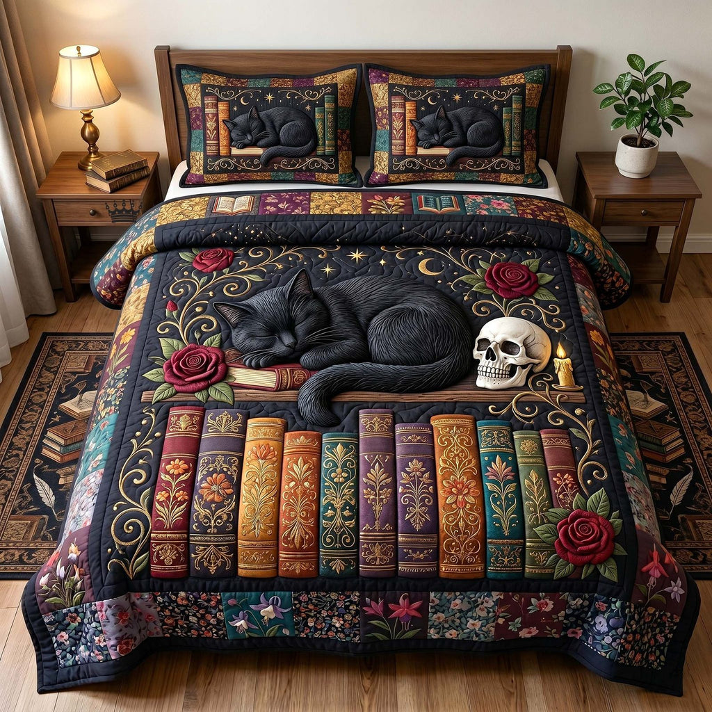 Reading Nook Black Cat quilted 3-piece bedding set on a made bed with two matching pillow shams