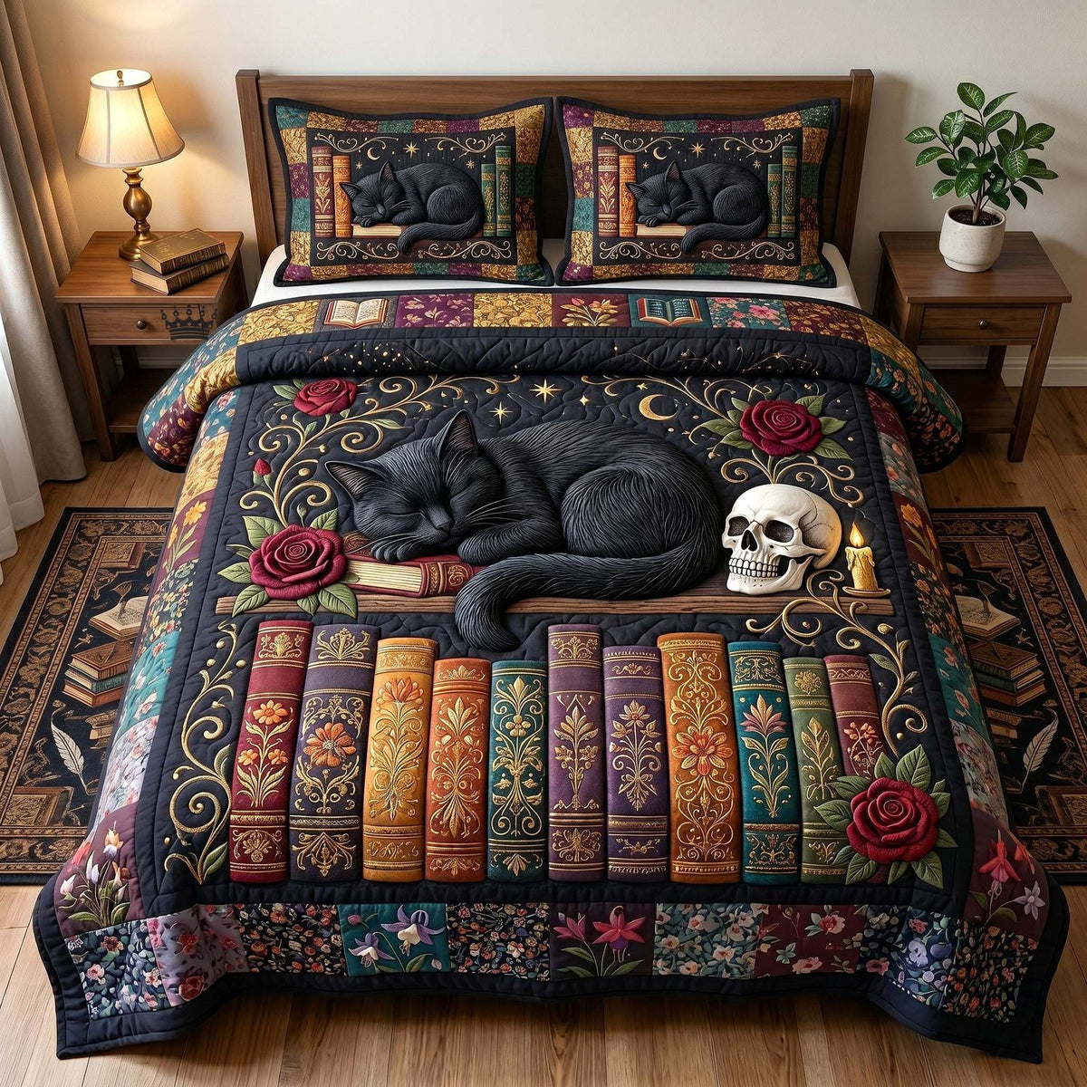 Reading Nook Black Cat quilted 3-piece bedding set on a made bed with two matching pillow shams