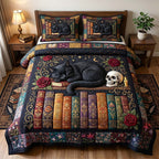 Reading Nook Black Cat quilted 3-piece bedding set on a made bed with two matching pillow shams