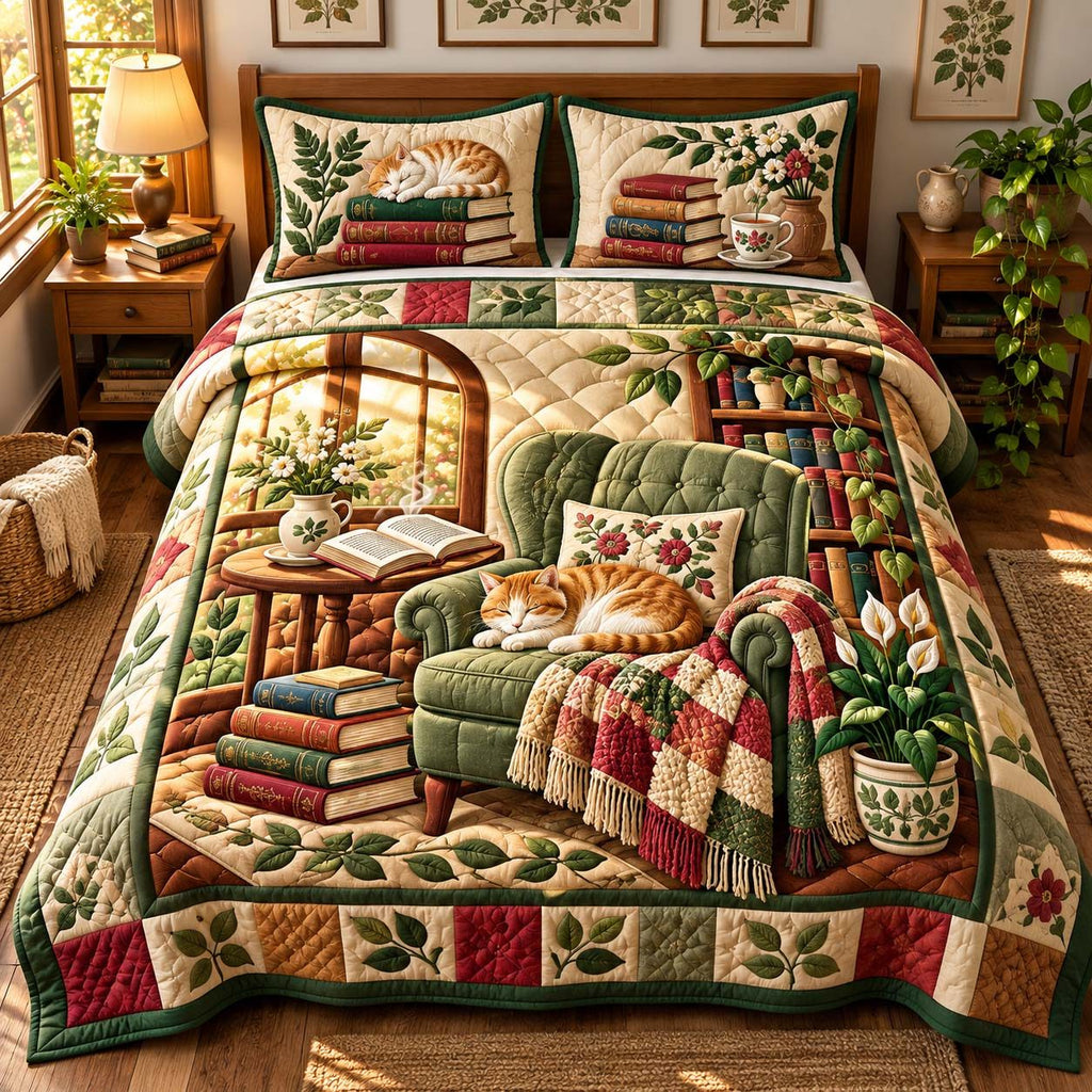 Reading Nook Kitty quilted 3-piece bedding set on a made bed with two matching pillow shams