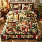 Reading Nook Kitty quilted 3-piece bedding set on a made bed with two matching pillow shams
