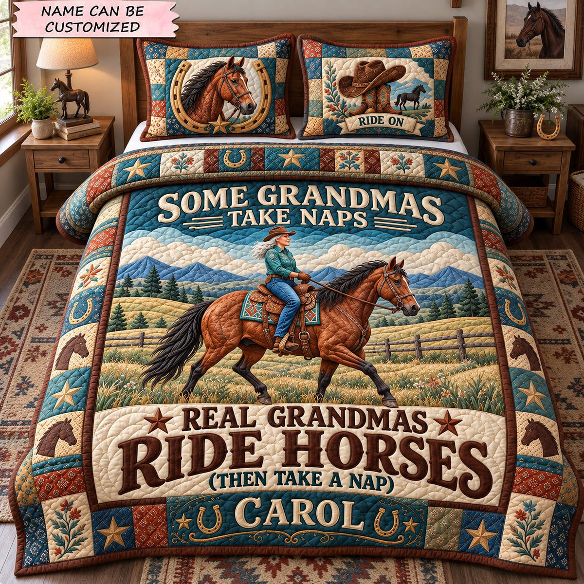 Real Grandmas Ride Horses 3-Piece Quilted Bedding Set QTCUZ quilted 3-piece bedding set on a made bed in a rustic timber bedroom