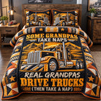 Real Grandpas Drive Trucks quilted 3-piece bedding set on a made bed with two matching pillow shams