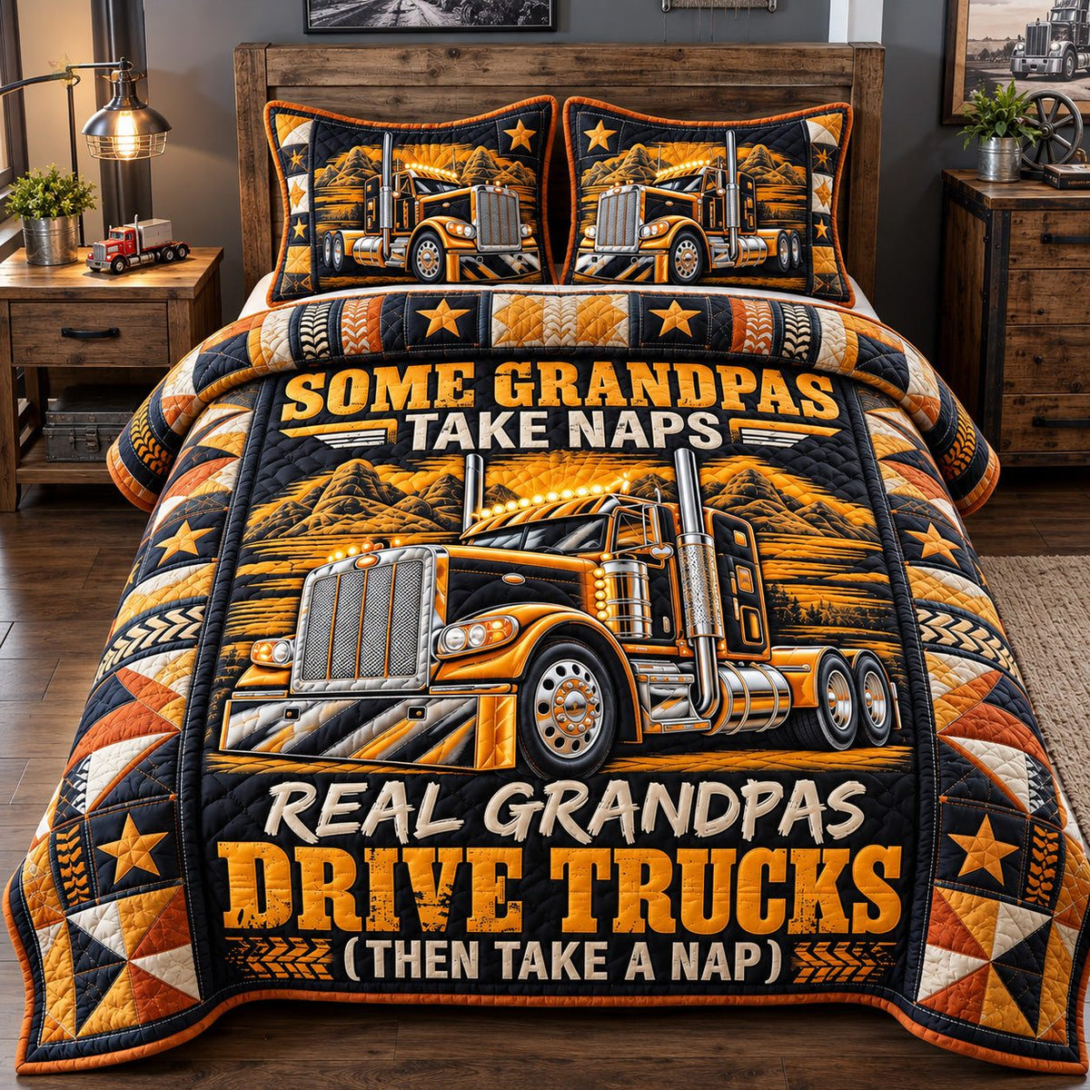 Real Grandpas Drive Trucks quilted 3-piece bedding set on a made bed with two matching pillow shams