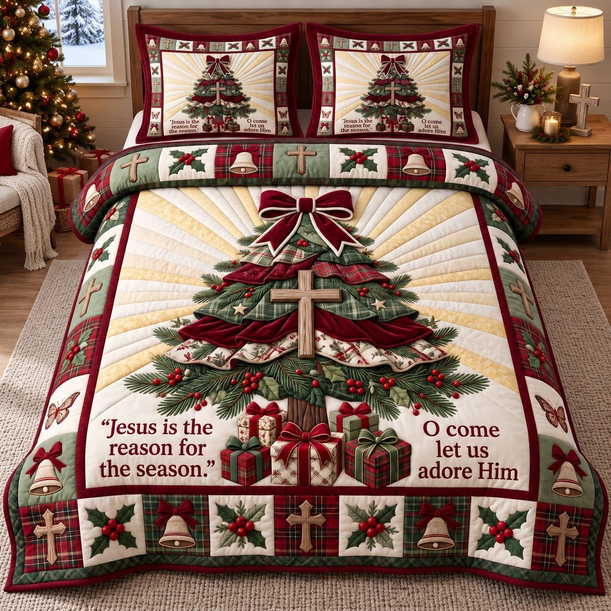 Reason For Season quilted 3-piece bedding set on a made bed with two matching pillow shams