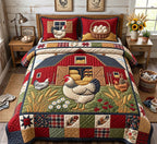 Red Barn Hens quilted 3-piece bedding set on a made bed in a farmhouse bedroom