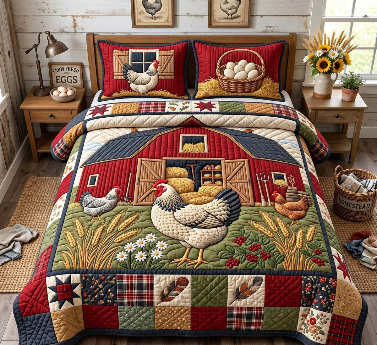 Red Barn Hens quilted 3-piece bedding set on a made bed in a farmhouse bedroom
