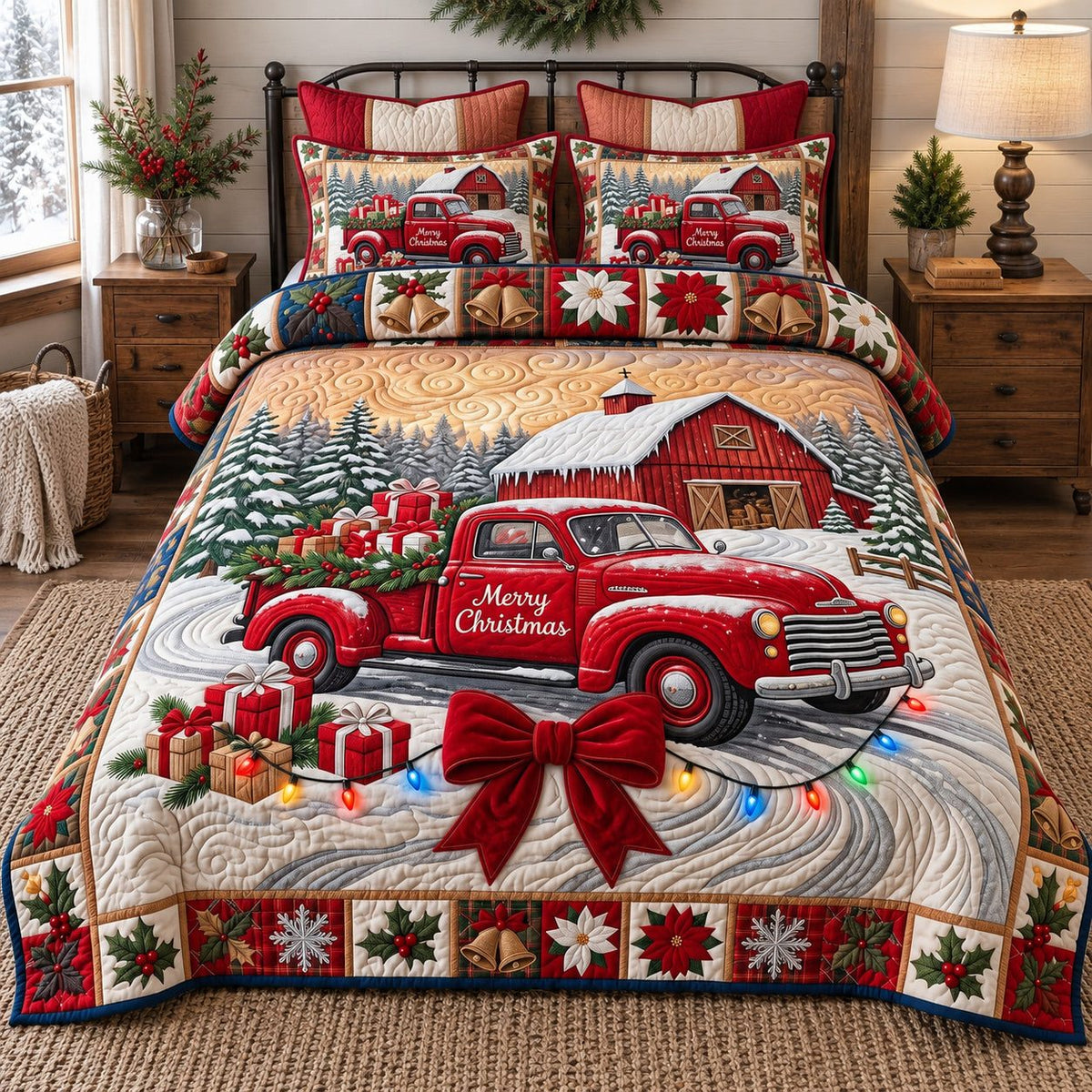 Red Barn Truck quilted 3-piece bedding set on a made bed in a farmhouse bedroom