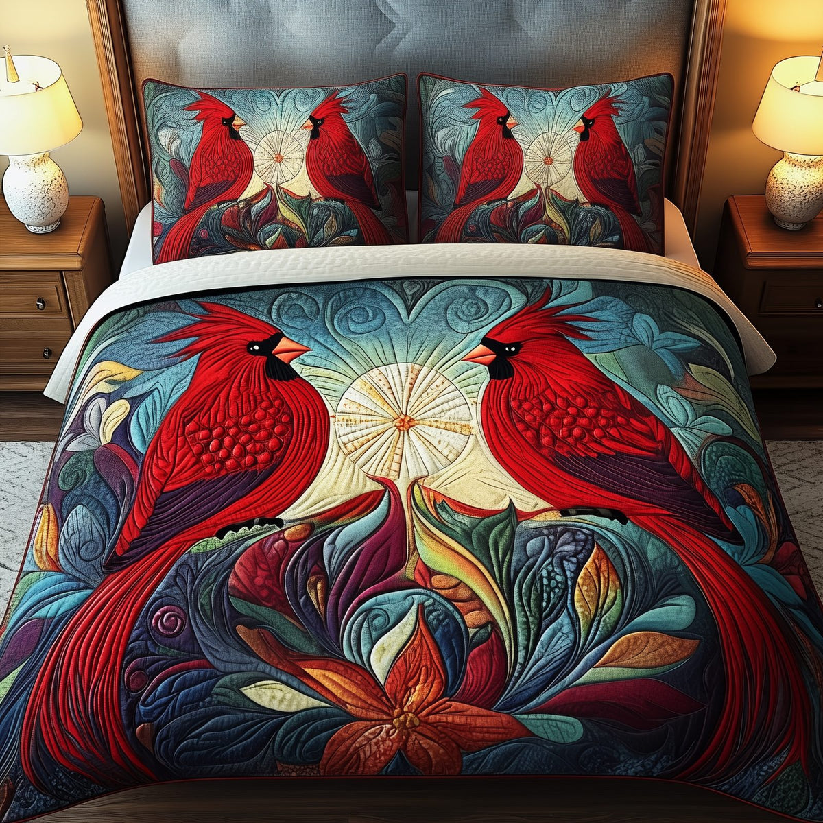 Red Cardinal Couple Colorful quilted 3-piece bedding set on a made bed with two matching pillow shams