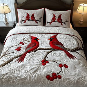 Red Cardinal Couple White 3-Piece Quilted Bedding Set