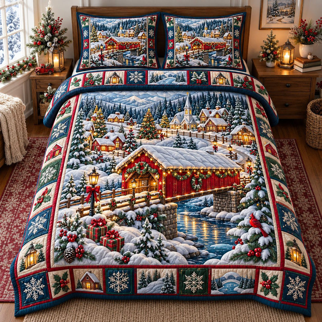 Red Covered Bridge Christmas Village quilted 3-piece bedding set on a made bed in a winter-styled bedroom