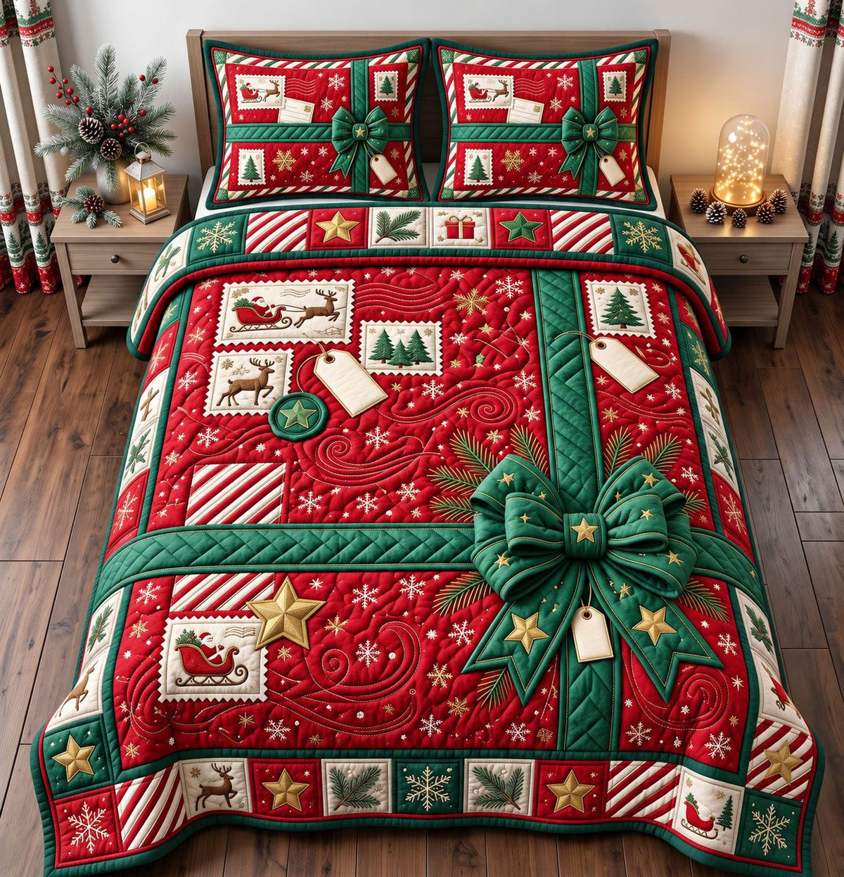 Red Gift Tag Sleigh quilted 3-piece bedding set on a made bed in a winter-styled bedroom