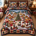 Red Lantern Gnome Village quilted 3-piece bedding set on a made bed with two matching pillow shams