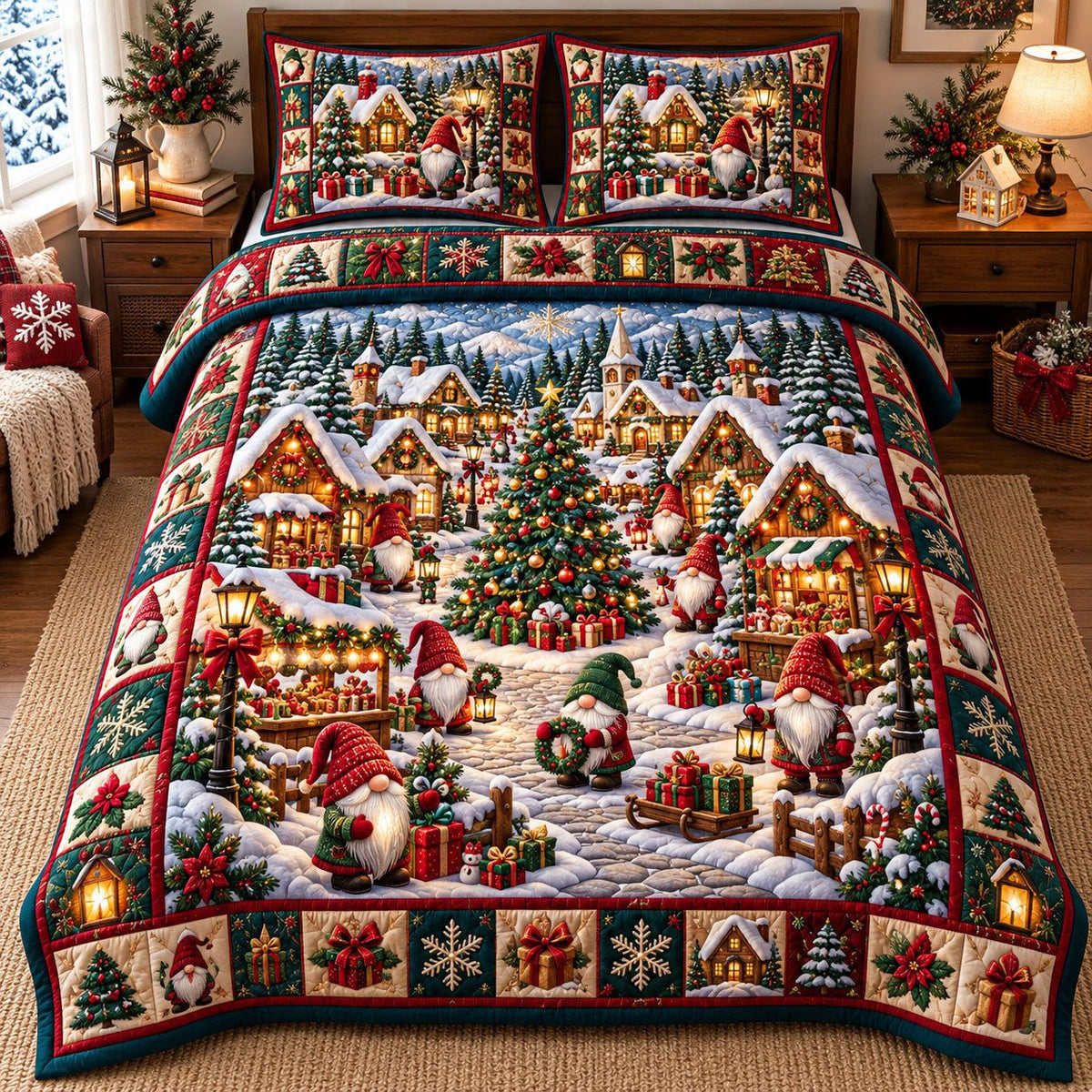 Red Lantern Gnome Village quilted 3-piece bedding set on a made bed with two matching pillow shams