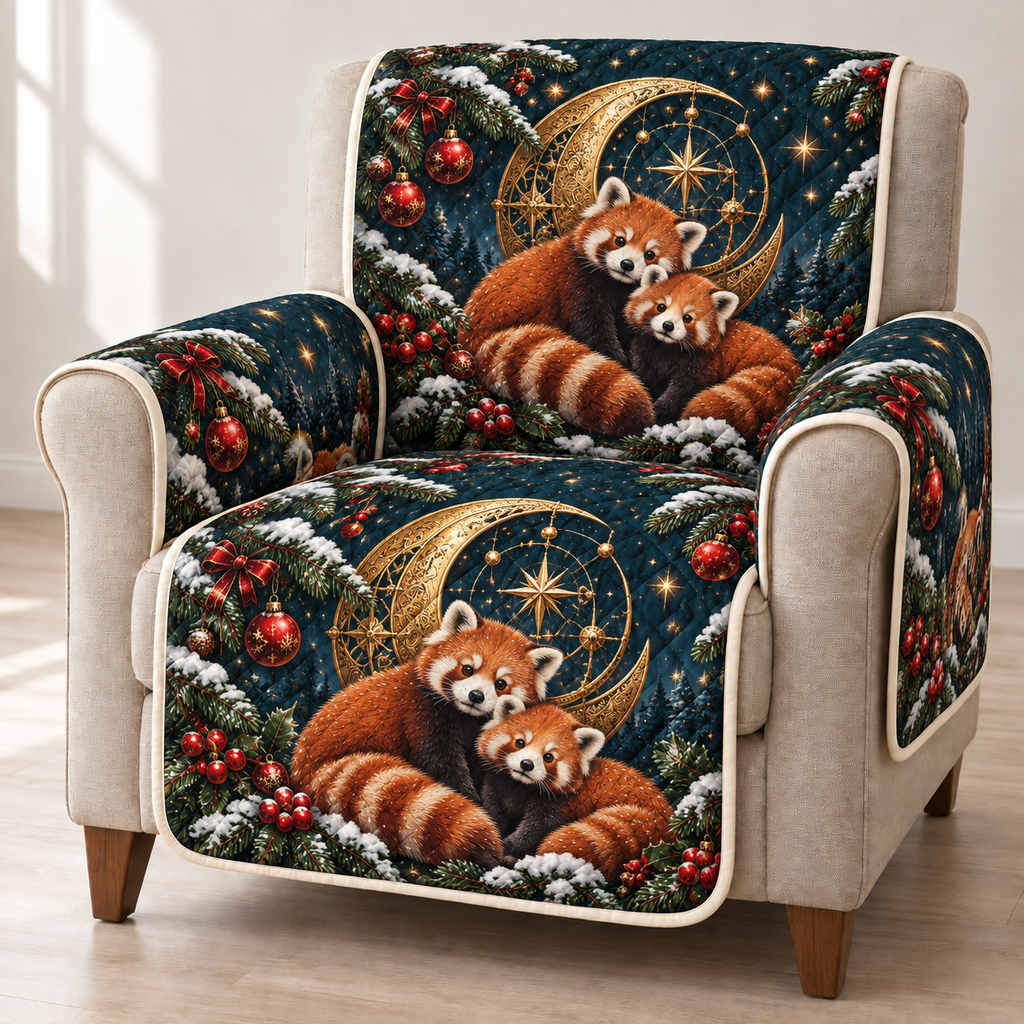 Two red pandas and a decorative gold moon astrolabe printed on a teal quilted Christmas armchair cover with ivory binding; design mockup.
