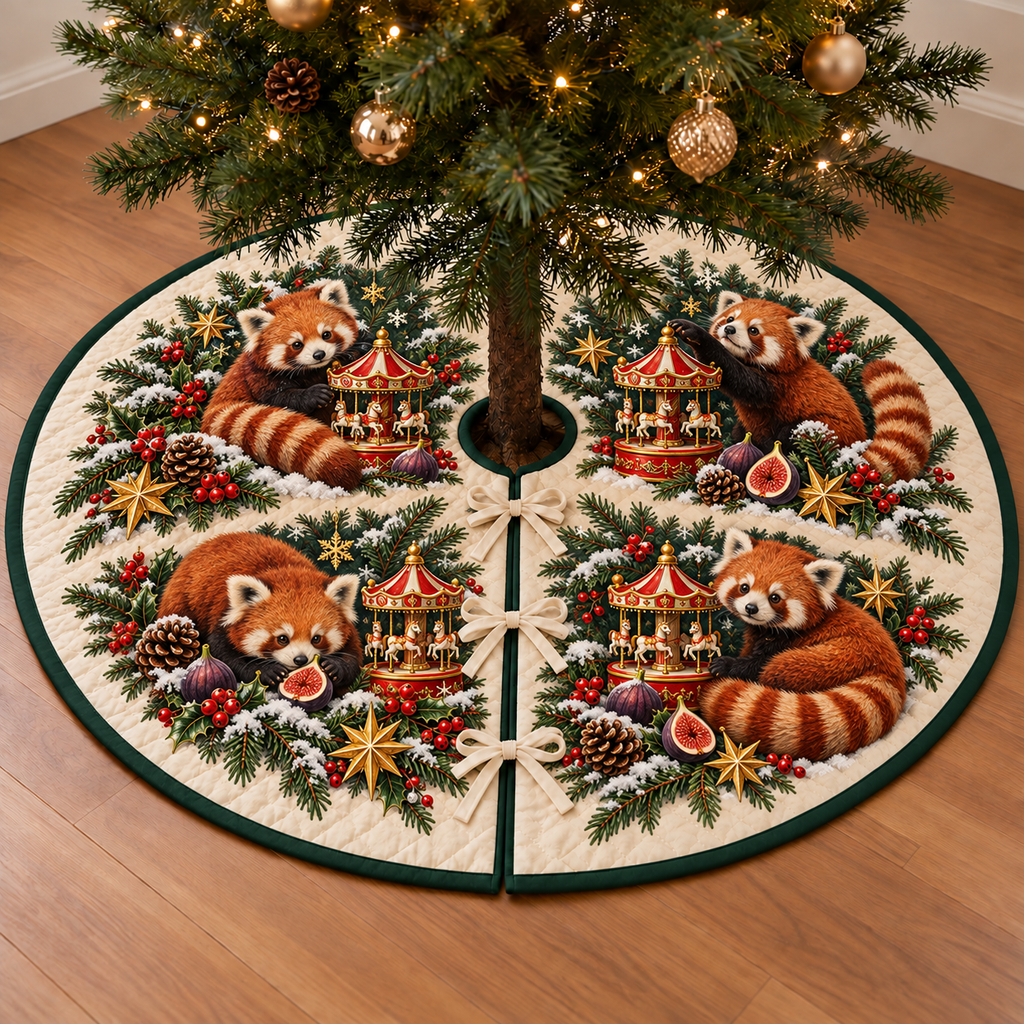 Red Panda Fig Toy Carousel printed Christmas circular tree skirt; design mockup showing a flat printed depth effect.