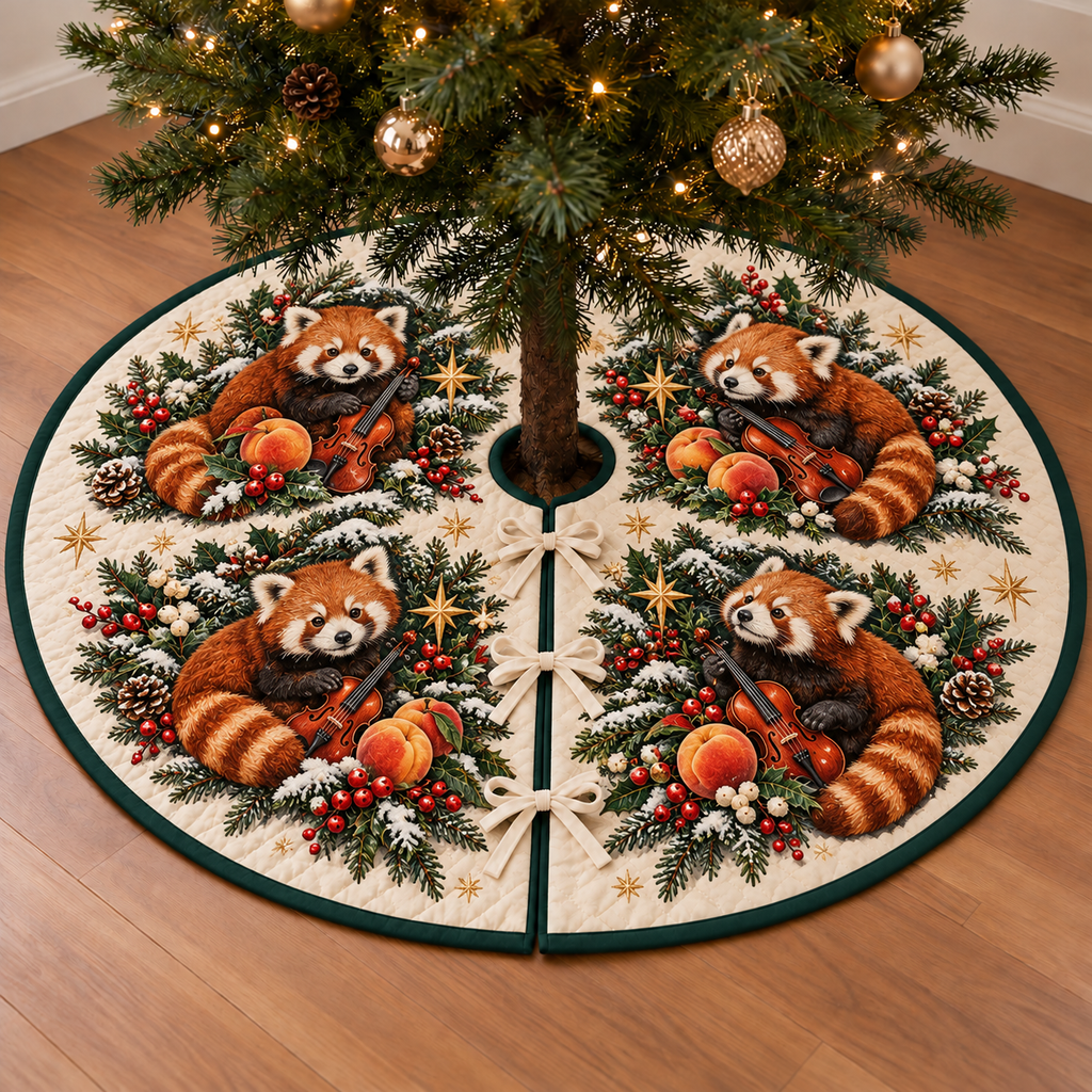 Red Panda Peach Toy Violin printed Christmas circular tree skirt; design mockup showing a flat printed depth effect.