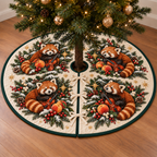 Red Panda Peach Toy Violin printed Christmas circular tree skirt; design mockup showing a flat printed depth effect.