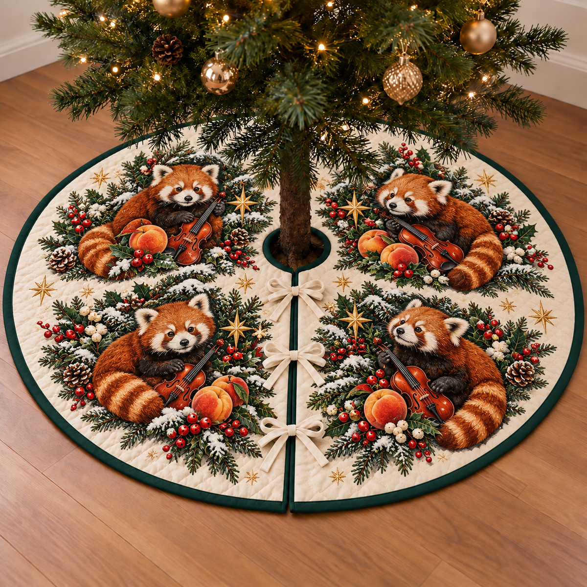 Red Panda Peach Toy Violin printed Christmas circular tree skirt; design mockup showing a flat printed depth effect.