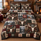 Red Plaid Antler Skull quilted 3-piece bedding set on a made bed against a dark styled interior