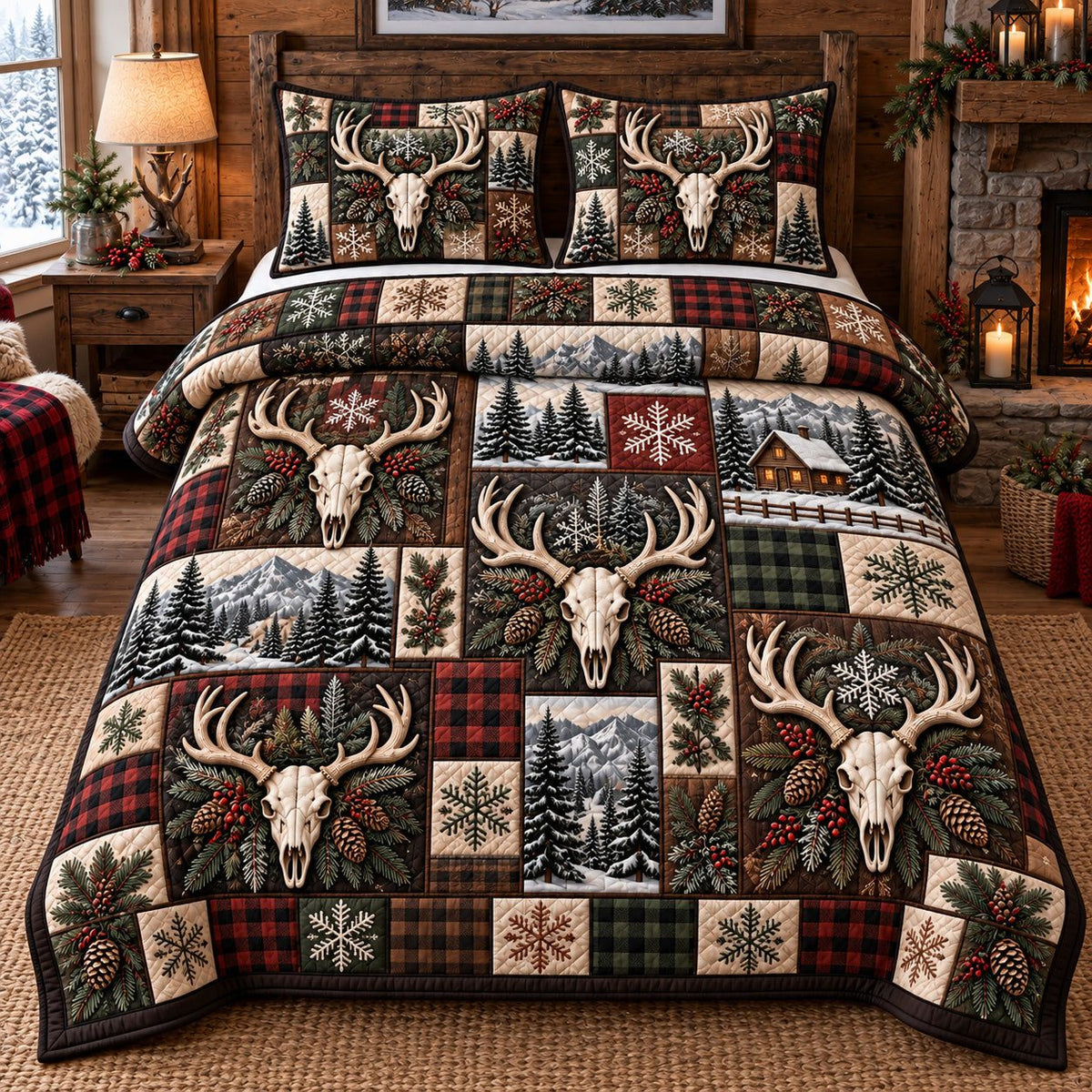 Red Plaid Antler Skull quilted 3-piece bedding set on a made bed against a dark styled interior