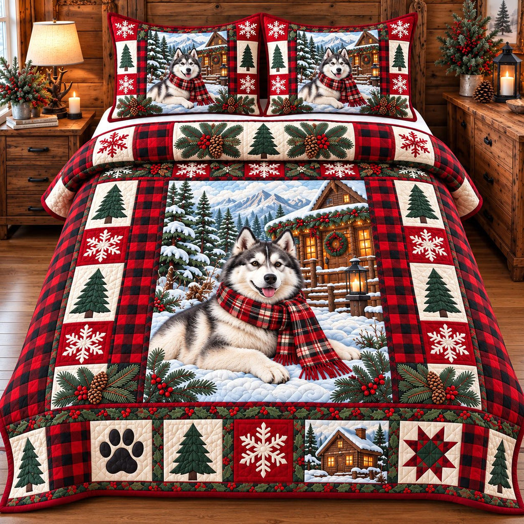 Red Plaid Husky quilted 3-piece bedding set on a made bed in a farmhouse bedroom