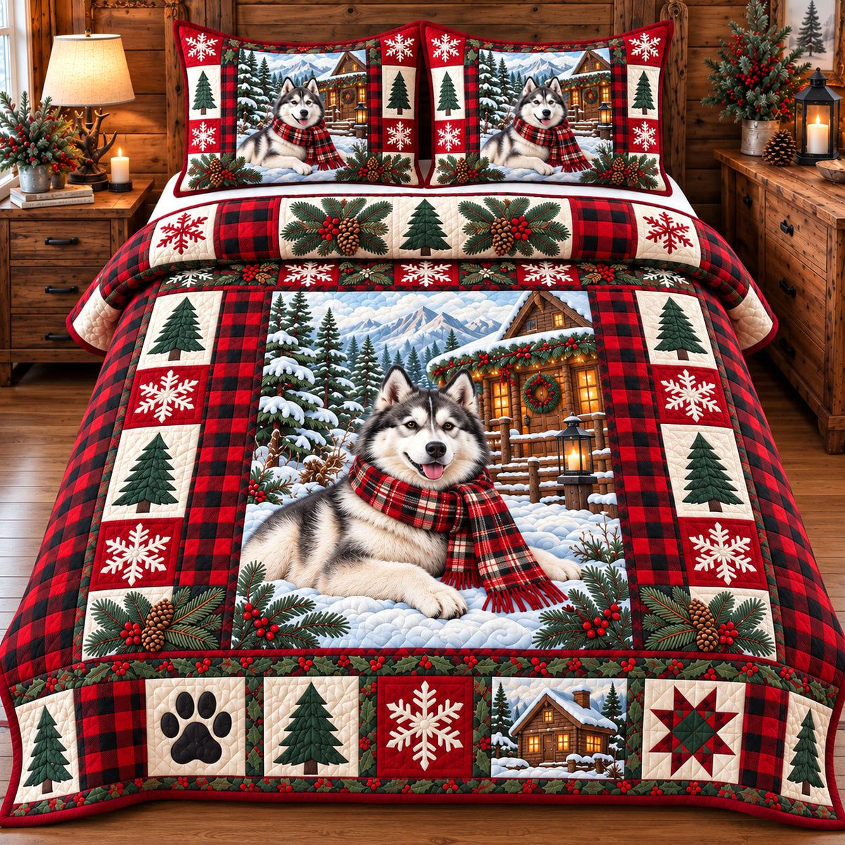 Red Plaid Husky quilted 3-piece bedding set on a made bed in a farmhouse bedroom