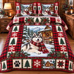 Red Plaid Husky quilted 3-piece bedding set on a made bed in a farmhouse bedroom