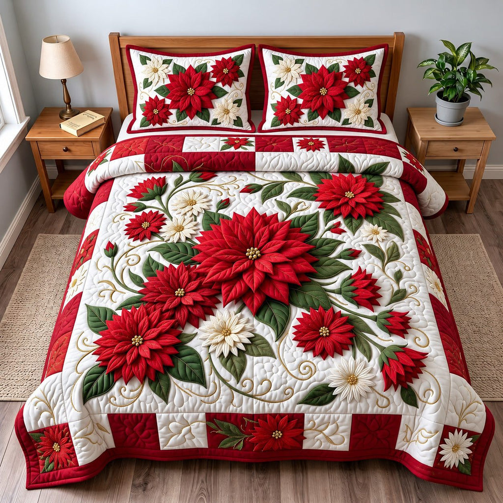 Red Poinsettia quilted 3-piece bedding set on a made bed in a winter-styled bedroom