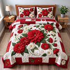 Red Poinsettia quilted 3-piece bedding set on a made bed in a winter-styled bedroom