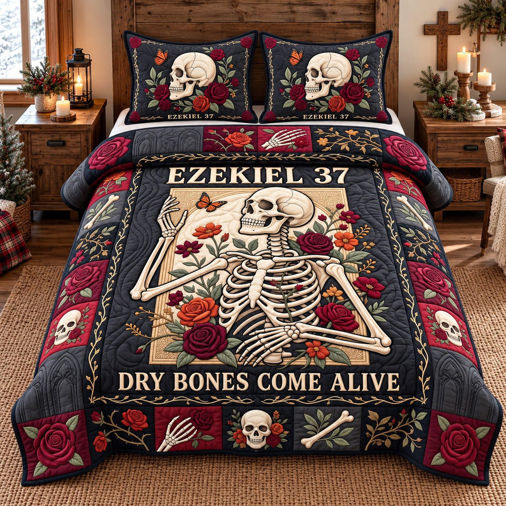 Red Rose Dry Bones Come Alive quilted 3-piece bedding set on a made bed against a dark styled interior