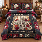Red Rose Dry Bones Come Alive quilted 3-piece bedding set on a made bed against a dark styled interior