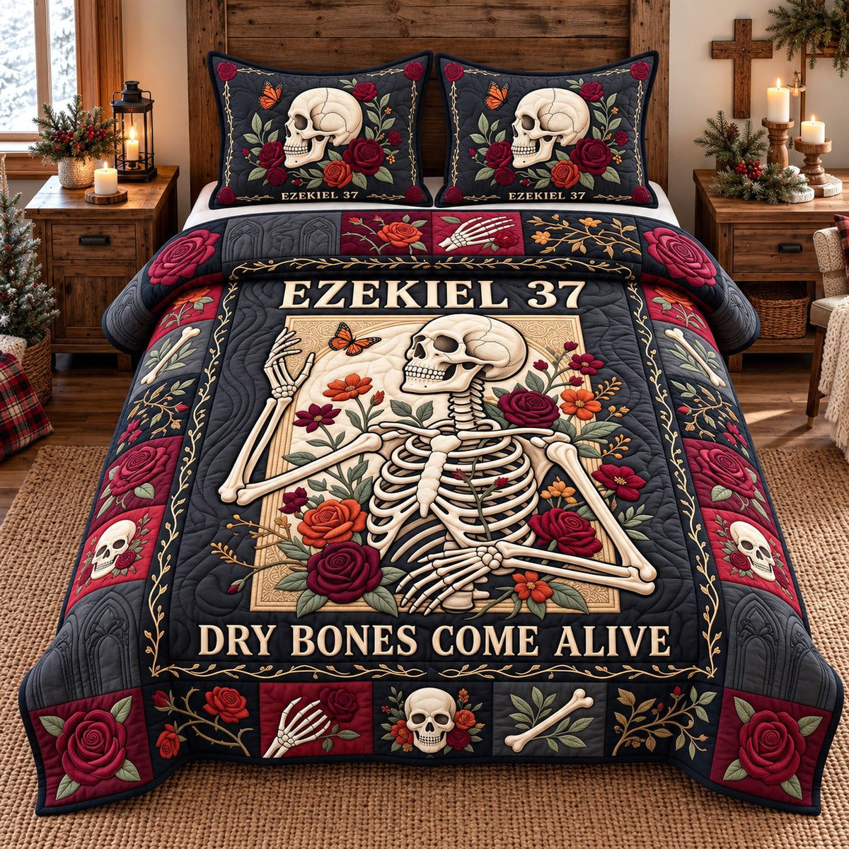 Red Rose Dry Bones Come Alive quilted 3-piece bedding set on a made bed against a dark styled interior