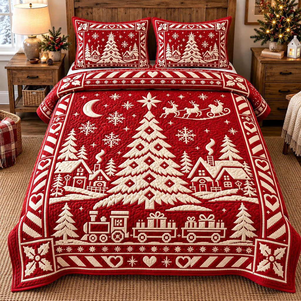 Red Tree Train Merry Christmas quilted 3-piece bedding set on a made bed in a winter-styled bedroom