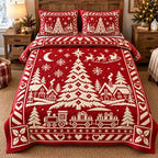 Red Tree Train Merry Christmas quilted 3-piece bedding set on a made bed in a winter-styled bedroom