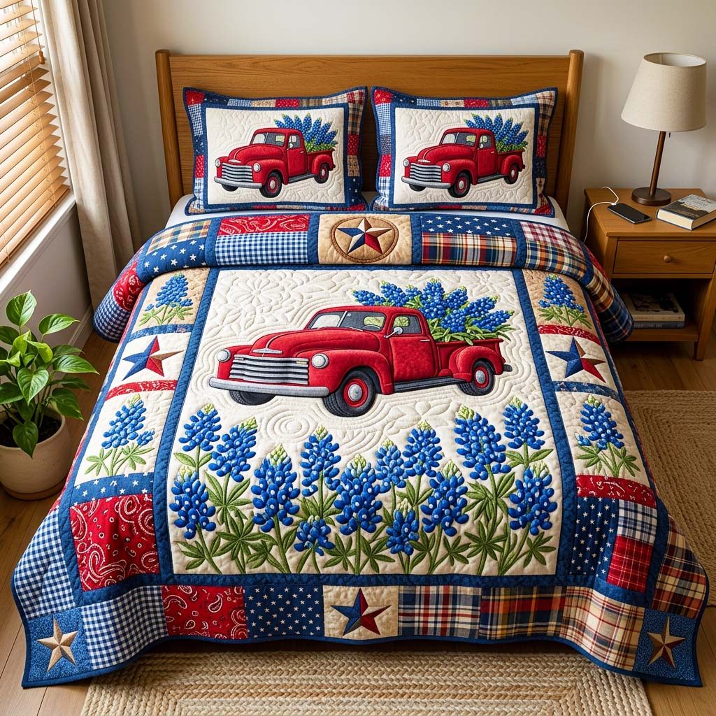 Red Truck Bluebonnet quilted 3-piece bedding set on a made bed with two matching pillow shams