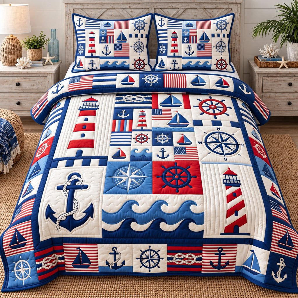 Red White Blue Nautical Patchwork quilted 3-piece bedding set on a made bed in a light coastal bedroom