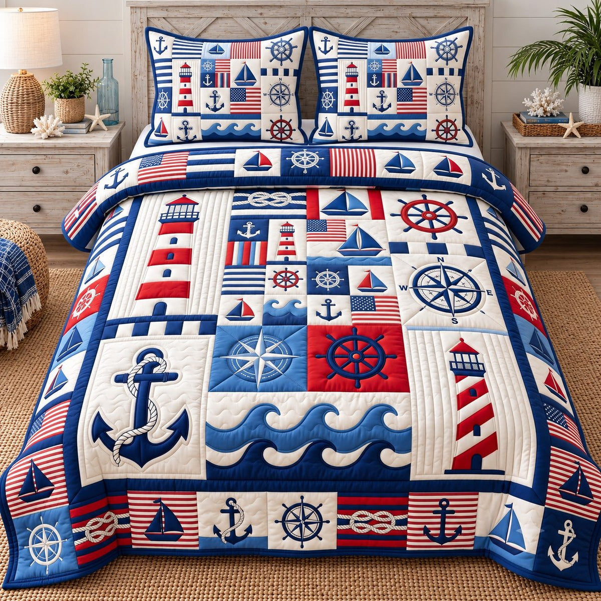 Red White Blue Nautical Patchwork quilted 3-piece bedding set on a made bed in a light coastal bedroom