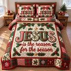 Red Wreath Jesus Reason Christmas quilted 3-piece bedding set on a made bed in a winter-styled bedroom