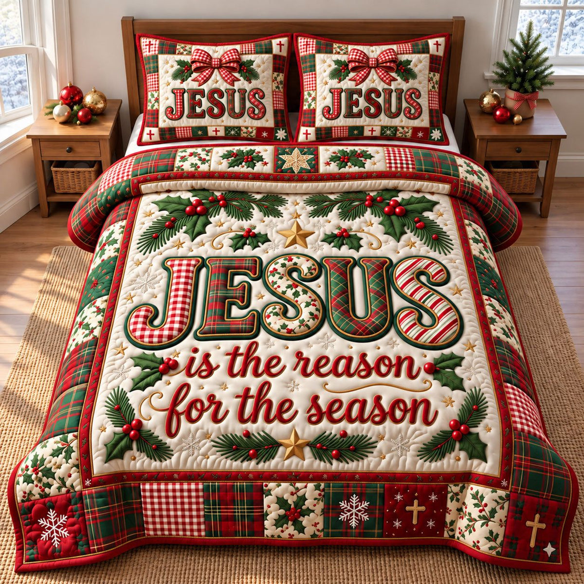Red Wreath Jesus Reason Christmas quilted 3-piece bedding set on a made bed in a winter-styled bedroom