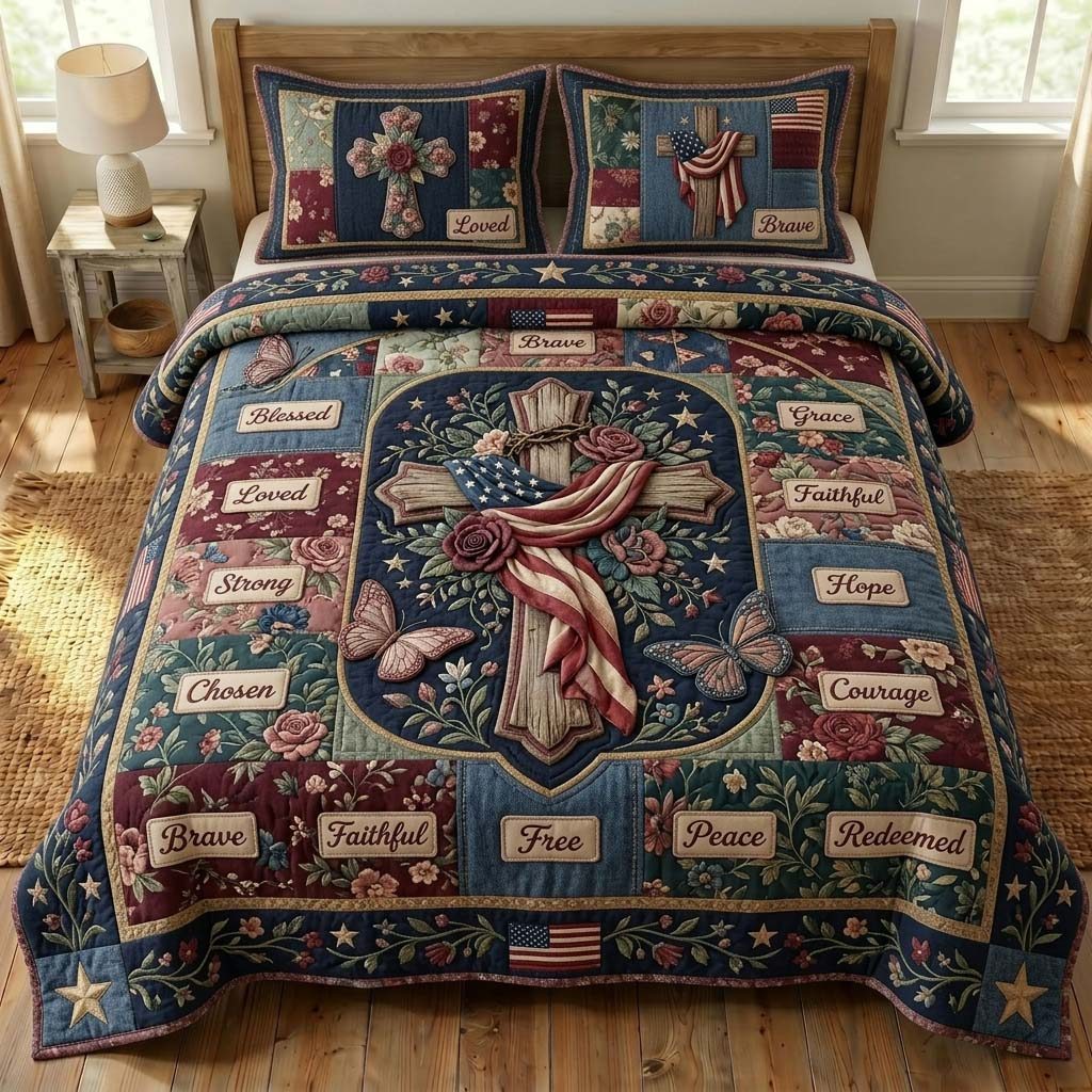 Redeemed Grace quilted 3-piece bedding set on a made bed in a softly lit bedroom