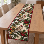 Redpoll Cherry Toy Lyre printed Christmas quilted table runner; design mockup showing a flat printed depth effect.